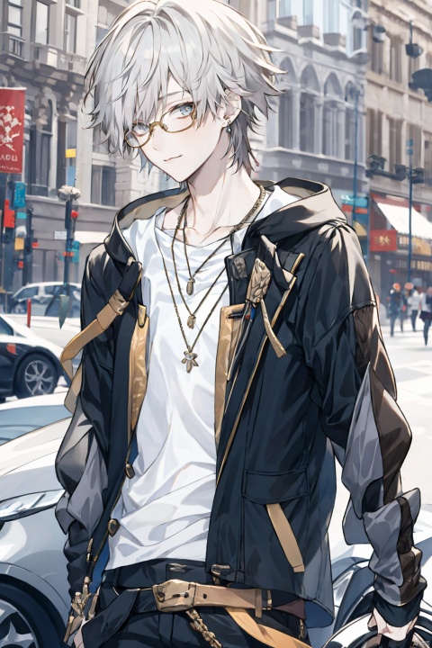  solo, 1boy, jewelry, jacket, white hair, male focus, multicolored hair, glasses, necklace, realistic, trailblazer