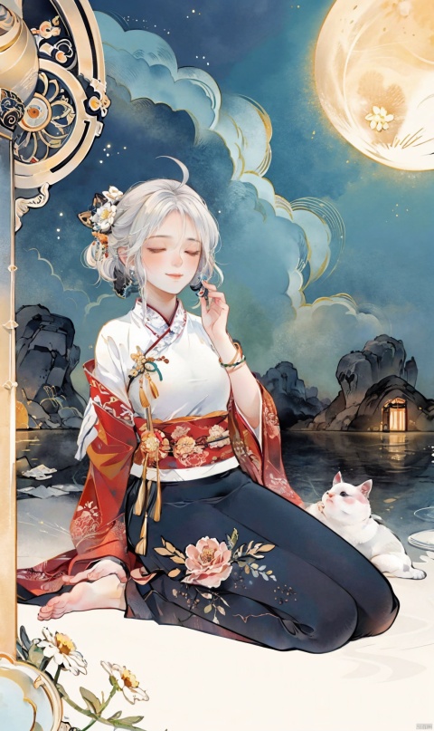1girl, solo, smile, bangs, hair ornament, long sleeves, dress, jewelry, sitting, closed mouth, closed eyes, flower, ahoge, white hair, multicolored hair, sky, cloud, blurry, bracelet, see-through, night, chinese clothes, moon, red dress, white flower, hand on own chest, night sky, short hair with long locks, full moon, shawl, hagoromo, hanfu