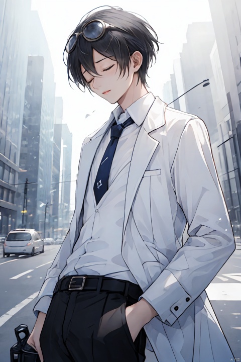 short hair, shirt, black hair, 1boy, jacket, closed eyes, white shirt, outdoors, necktie, solo focus, blurry, lips, blurry background, formal, suit, ground vehicle, motor vehicle, blue necktie, realistic