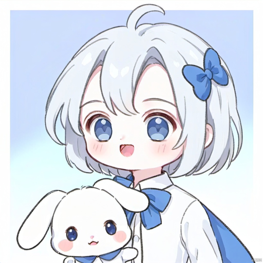  solo, looking at viewer, short hair, open mouth, blue eyes, hair ornament, long sleeves, 1boy, bow, holding, upper body, white hair, male focus, food, stuffed toy, stuffed animal, child, colored eyelashes, doll, food on face, stuffed bunny, joints, male child, doll joints