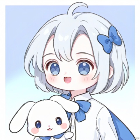  solo, looking at viewer, short hair, open mouth, blue eyes, hair ornament, long sleeves, 1boy, bow, holding, upper body, white hair, male focus, food, stuffed toy, stuffed animal, child, colored eyelashes, doll, food on face, stuffed bunny, joints, male child, doll joints