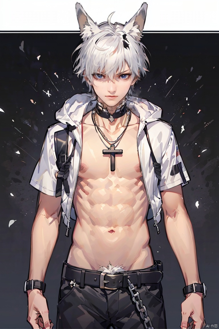  1boy, solo, long hair, ju 87, animal ears, jewelry, white hair, m16a1, belt, necklace, chain, h&k mp5, cross,k701, ar-15.,n.abdominal muscle, 1male