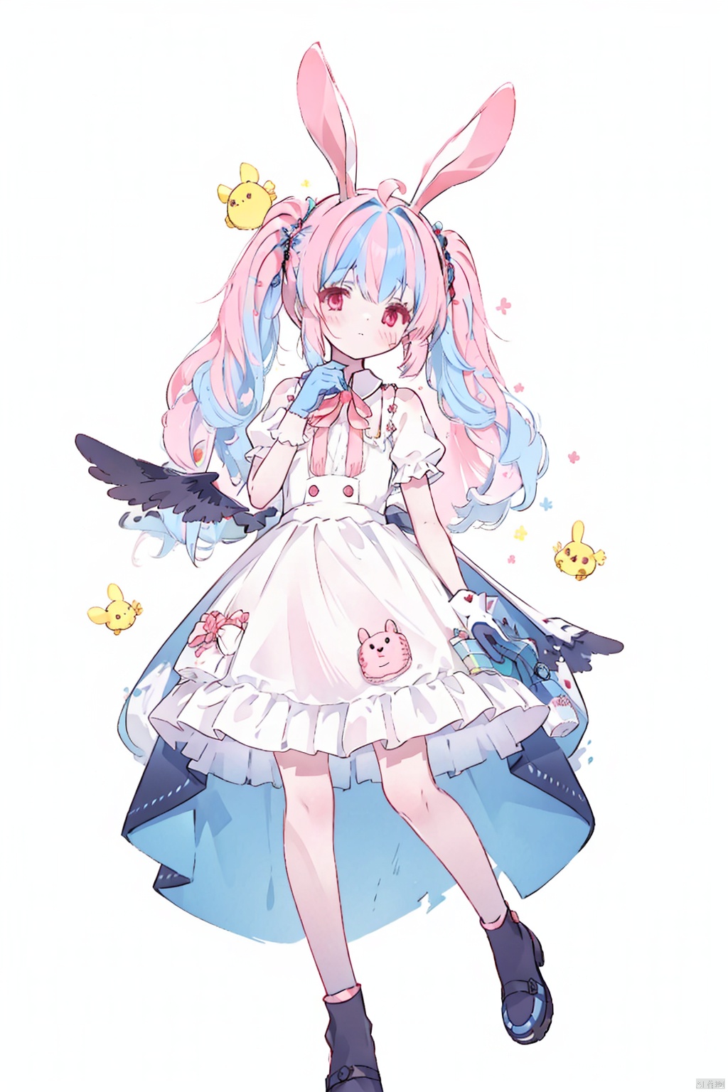  1boy, solo, looking at viewer, Pink blue hair, yellow eyes, red eyes, white dress, dress, animal ears, full body, multicolored hair, wings,, white gloves,, rabbit ears, tree, lolita fashion, android, joints, doll joints, photo background, zkz, qb,1girl, 30710, ink style, sweet girl portrait