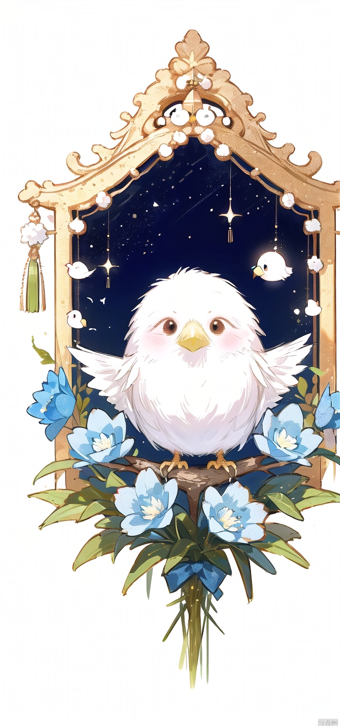 男Bird (animal), bird, mini cute, blush bird, blue flower, very beautiful, symmetrical composition, masterpiece, new Chinese complex background, light and shadow, high quality