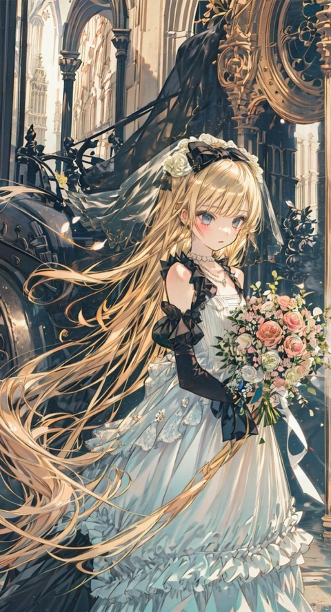 1girl, solo, long hair, blonde hair, dress, bow, ribbon, bare shoulders, jewelry, flower, frills, detached sleeves, necklace, white dress, rose, frilled dress, veil, lolita fashion, bouquet, wedding dress, head out of frame, gown, pearl \(gemstone\)