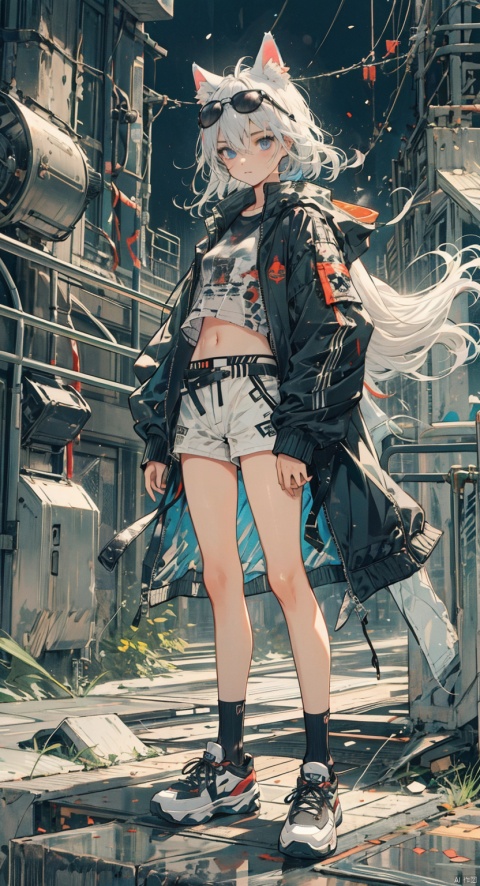 1girl, solo, looking at viewer, bangs, blue eyes, shirt, long sleeves, navel, animal ears, hair between eyes, standing, jacket, full body, white hair, open clothes, shoes, shorts, socks, open jacket, black jacket, short shorts, black shorts, sunglasses, black background, eyewear on head, paw shoes