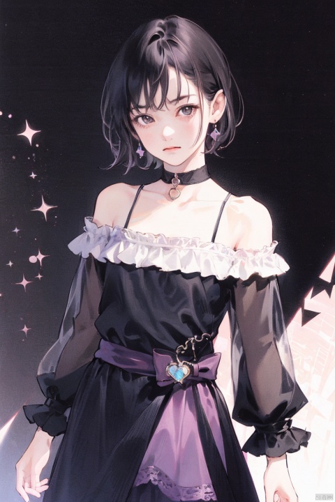  1girl, solo, breasts, looking at viewer, short hair, bangs, black hair, long sleeves, dress, bare shoulders, jewelry, closed mouth, standing, collarbone, cowboy shot, small breasts, frills, choker, off shoulder, white dress, see-through, grey eyes, black choker, off-shoulder dress, see-through sleeves, kawaiitech