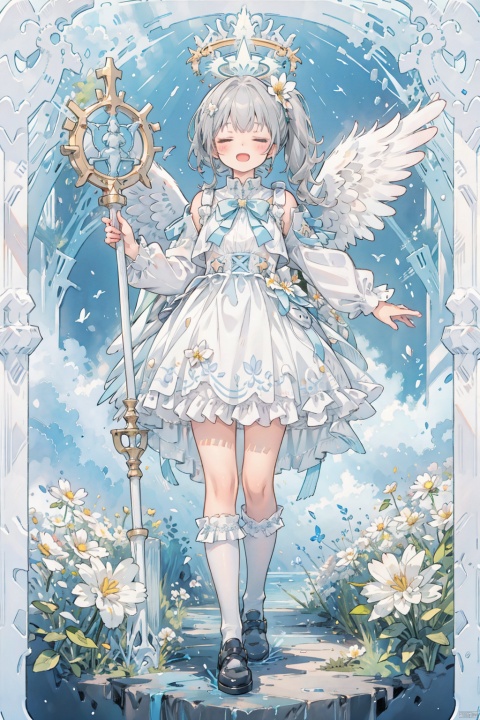  1girl, solo, open mouth, bangs, long sleeves, dress, holding, underwear, standing, full body, closed eyes, flower, grey hair, wings, white dress, side ponytail, bird, halo, white flower, staff, angel wings, bloomers, holding staff, white wings, tarot, art nouveau