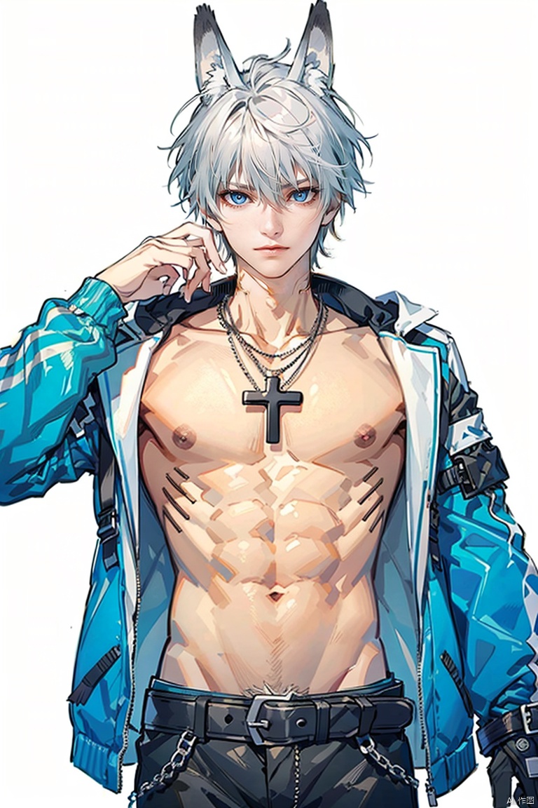  1boy, solo, long hair, ju 87, animal ears, jewelry, white hair, m16a1, belt, necklace, chain, h&k mp5, cross,k701, ar-15.,n.abdominal muscle, 1male