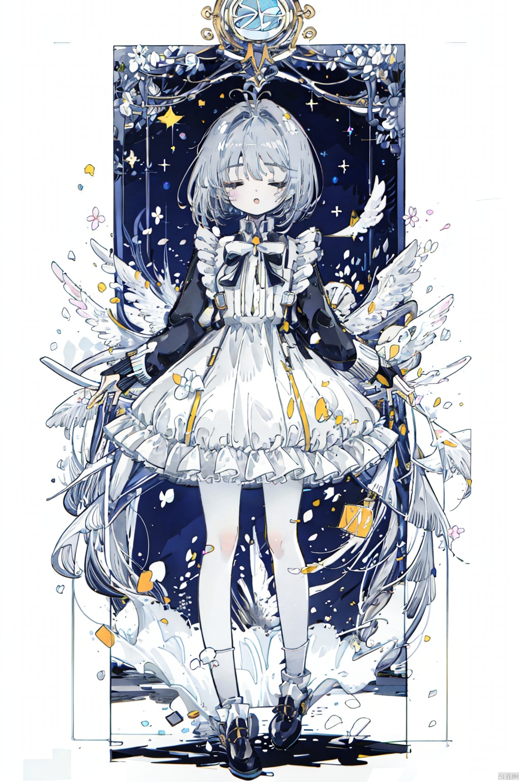 1girl, solo, open mouth, bangs, long sleeves, dress, holding, underwear, standing, full body, closed eyes, flower, grey hair, wings, white dress, side ponytail, bird, halo, white flower, staff, angel wings, bloomers, holding staff, white wings, tarot, art nouveau