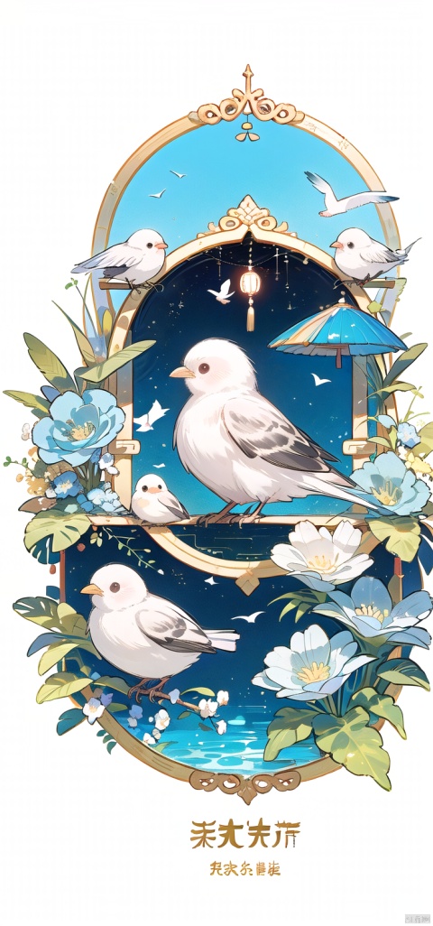  水彩,Bird (animal), bird, mini cute, blush bird, blue flower, very beautiful, symmetrical composition, masterpiece, new Chinese complex background, light and shadow, high quality
