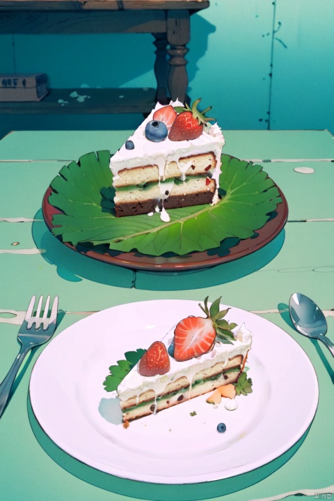  food, blurry, no humans, fruit, leaf, plate, cake, realistic, strawberry, fork, food focus, still life, dessert