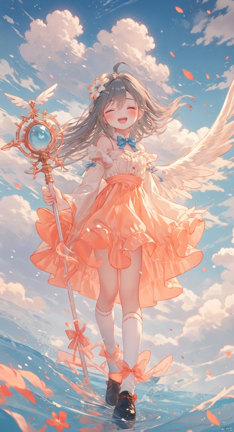 1girl, solo, long hair, blush, smile, open mouth, bangs, hair ornament, long sleeves, dress, bow, ribbon, holding, jewelry, standing, full body, closed eyes, flower, ahoge, :d, grey hair, earrings, outdoors, frills, detached sleeves, wings, sky, shoes, day, socks, puffy sleeves, cloud, hair flower, bowtie, water, black footwear, white dress, side ponytail, blue sky, kneehighs, clothing cutout, halo, blue bow, frilled dress, white flower, white socks, staff, feathered wings, facing viewer, puffy long sleeves, angel wings, holding staff, white wings, angel, shoulder cutout, pillar, frilled socks