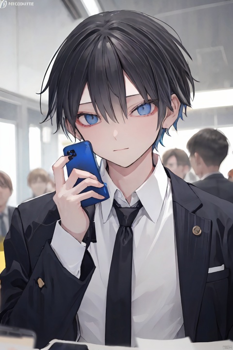  short hair, shirt, black hair, long sleeves, 1boy, holding, closed mouth, jacket, white shirt, upper body, male focus, necktie, solo focus, collared shirt, blurry, blurry background, watermark, phone, formal, cellphone, suit, ground vehicle, black necktie, smartphone, holding phone, blue necktie, grey jacket, sa-style