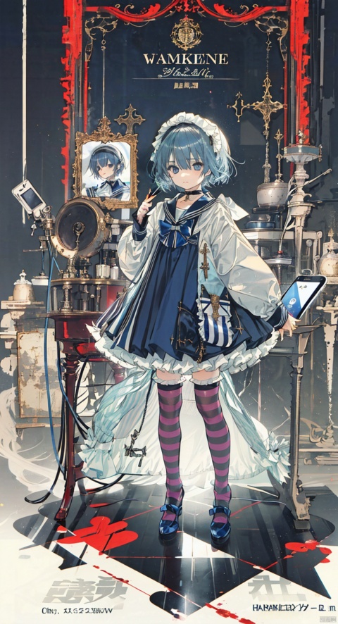 1girl, solo, looking at viewer, short hair, bangs, blue eyes, thighhighs, long sleeves, dress, bow, holding, hair between eyes, closed mouth, blue hair, standing, full body, hair bow, heart, hairband, frills, choker, socks, striped, bowtie, sailor collar, character name, sleeves past wrists, blue dress, phone, frilled dress, cellphone, cross, white bow, black background, sleeves past fingers, sailor dress, blue footwear, bonnet, syringe, white bowtie, frilled hairband, loose socks, oversized object, leg warmers, pill, intravenous drip, frilled sailor collar