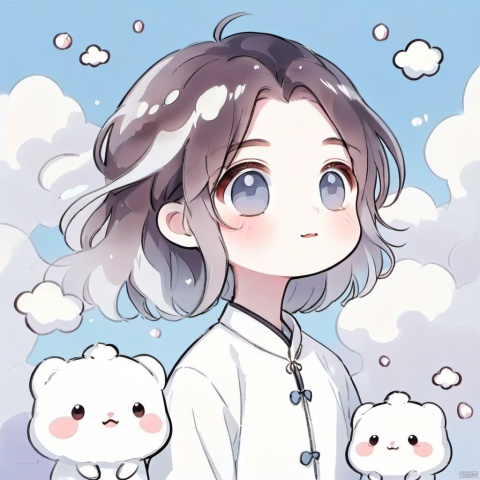 White clouds in marshmallows, tall and thin boys, men blowing snowflakes, short colored hair, lovely heraldry, marshmallows floating, falling and never returning, breaking the Wan Li sky, a little breeze and light, happy-go-lucky.