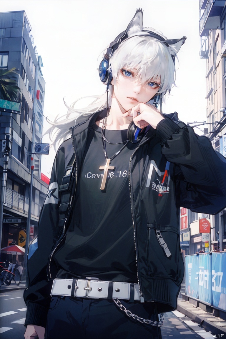  1boy, solo, long hair, ju 87, animal ears, jewelry, white hair, m16a1, belt, necklace, chain, headphones, cross,k701