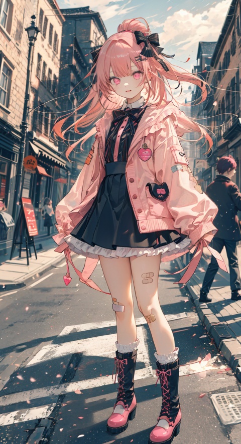 1girl, solo, long hair, looking at viewer, bangs, skirt, hair ornament, bow, standing, pink hair, hair bow, heart, boots, frills, shoes, socks, virtual youtuber, black skirt, pink eyes, black footwear, blurry, blurry background, bandaid, minigirl, pink footwear, bandaid on leg, photo background