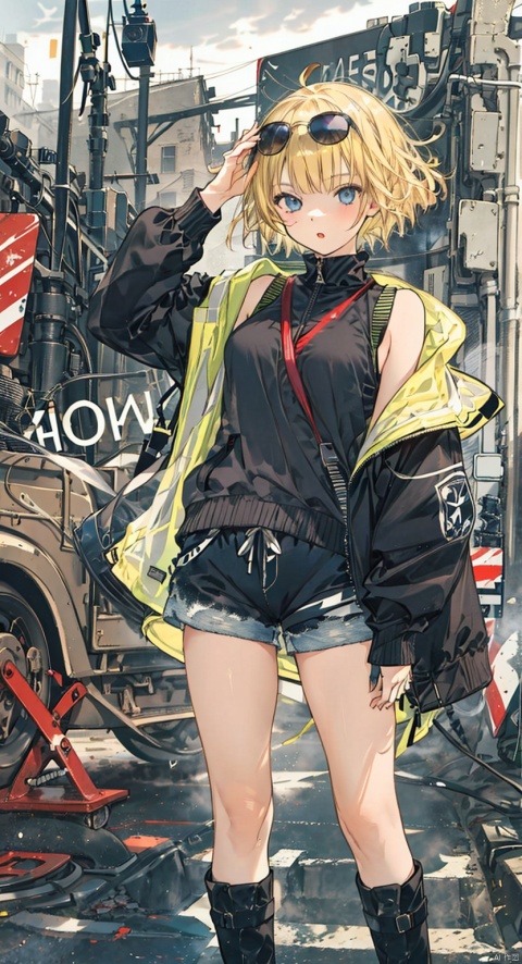 1girl, breasts, looking at viewer, short hair, blue eyes, blonde hair, jacket, boots, shorts, virtual youtuber, english text, open jacket, black jacket, blurry background, sunglasses, eyewear on head, photo background