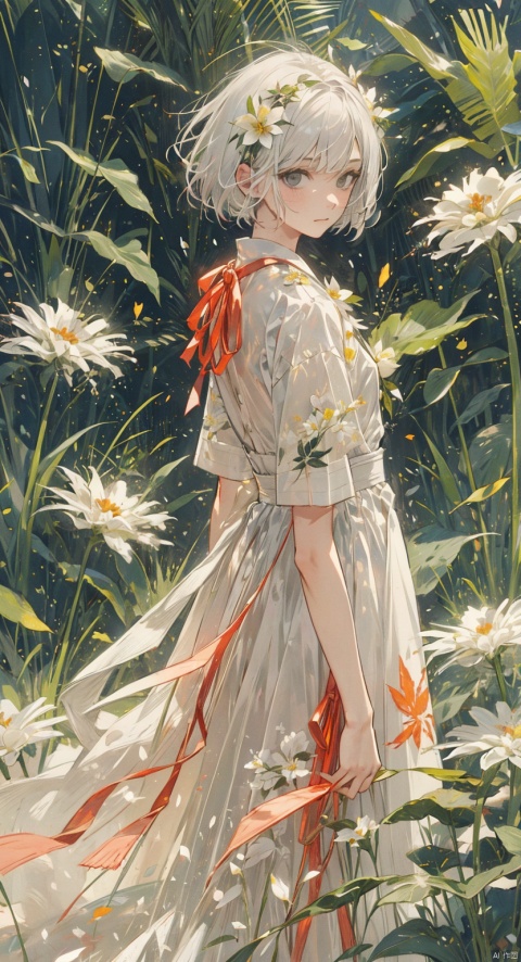 1girl, solo, looking at viewer, short hair, bangs, dress, closed mouth, standing, upper body, flower, white hair, short sleeves, looking back, from behind, white dress, grey eyes, leaf, white flower
