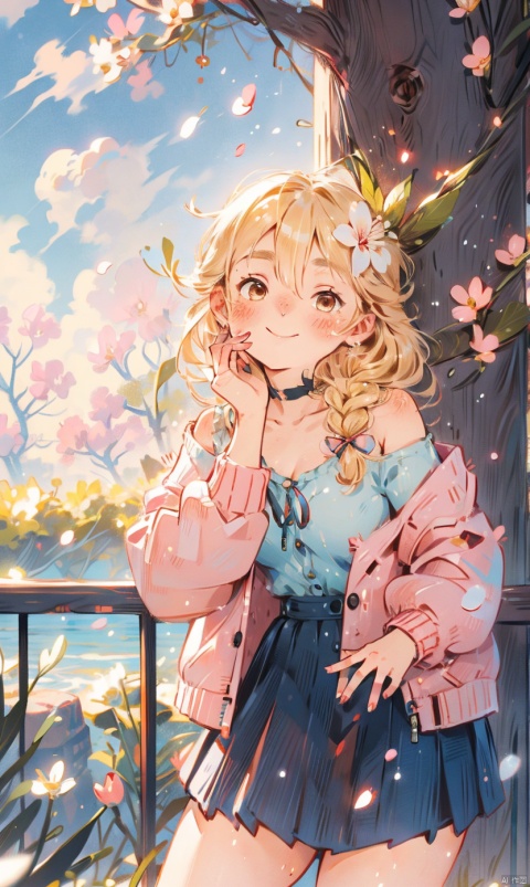  1girl, solo, long hair, breasts, looking at viewer, blush, smile, bangs, skirt, blonde hair, shirt, long sleeves, ribbon, hair between eyes, brown eyes, very long hair, closed mouth, standing, collarbone, jacket, yellow eyes, white shirt, braid, flower, pleated skirt, outdoors, open clothes, day, off shoulder, open jacket, red ribbon, tree, blue sky, blue skirt, head tilt, petals, leaning forward, white flower, cherry blossoms, pink flower, hand on own face, railing, branch, pink jacket, open cardigan, pink cardigan