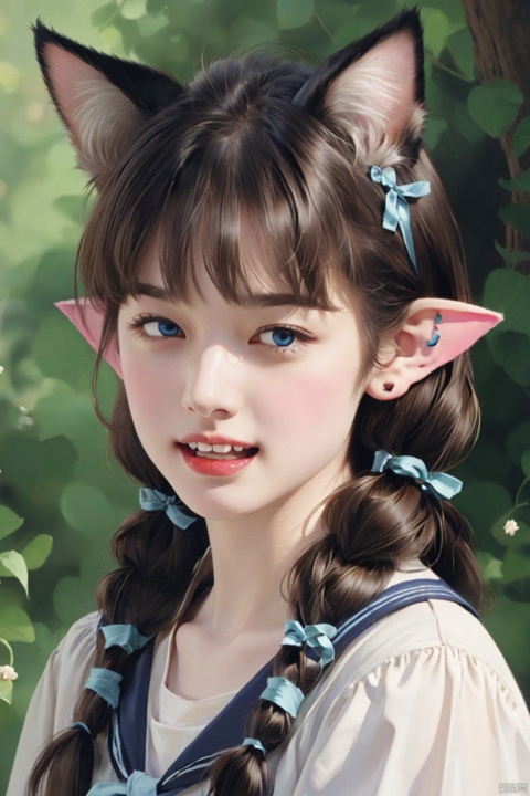 1girl, solo, long hair, looking at viewer, open mouth, blue eyes, brown hair, hair ornament, ribbon, animal ears, twintails, hair ribbon, upper body, pointy ears, cat ears, sailor collar, blurry, fangs, lalafell