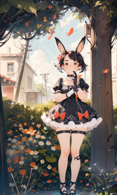 1girl, solo, looking at viewer, short hair, black hair, red eyes, gloves, dress, animal ears, full body, multicolored hair, wings, black gloves, rabbit ears, tree, lolita fashion, android, joints, doll joints, photo background