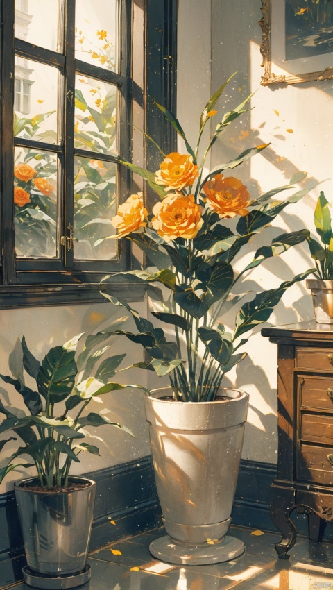 flower, day, indoors, no humans, window, shadow, sunlight, plant, scenery, yellow flower, potted plant, orange flower, still life, flower pot