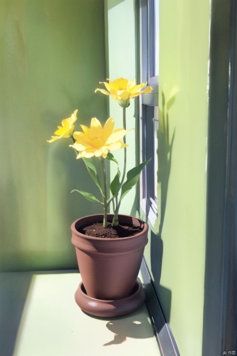 flower, day, indoors, no humans, window, shadow, sunlight, plant, scenery, yellow flower, potted plant, orange flower, still life, flower pot