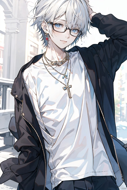  solo, 1boy, jewelry, jacket, white hair, male focus, multicolored hair, glasses, necklace, realistic
