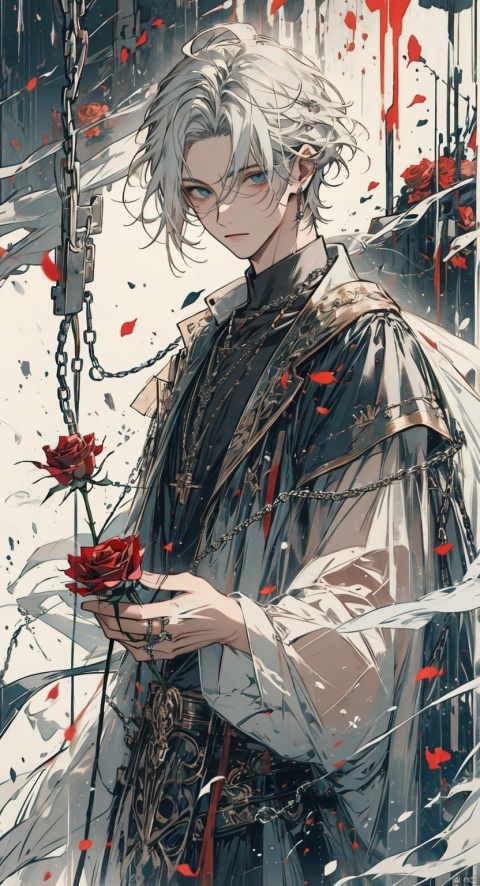  solo, looking at viewer, blue eyes, 1boy, jewelry, flower, white hair, male focus, rose, chain, ring, red flower, red rose