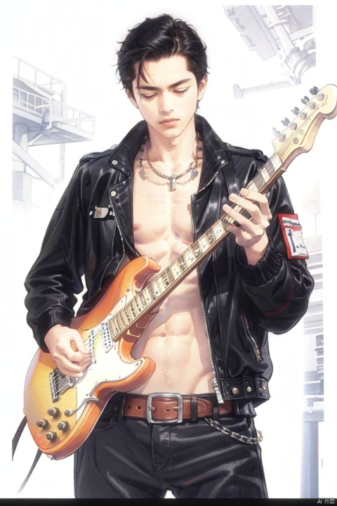 solo, short hair, black hair, 1boy, navel, holding, nipples, jacket, closed eyes, male focus, open clothes, belt, pants, artist name, open jacket, black jacket, black pants, abs, pectorals, letterboxed, instrument, spikes, music, guitar, leather, bare pectorals, spiked collar, playing instrument, holding instrument, electric guitar, leather jacket, leather pants