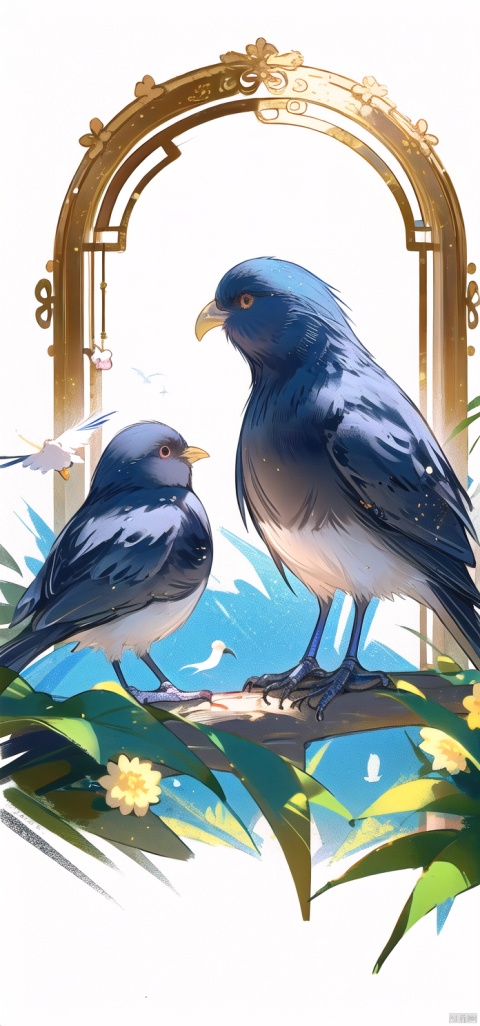  2.35D,Bird (animal), bird, mini cute, blush bird, blue flower, very beautiful, symmetrical composition, masterpiece, new Chinese complex background, light and shadow, high quality
