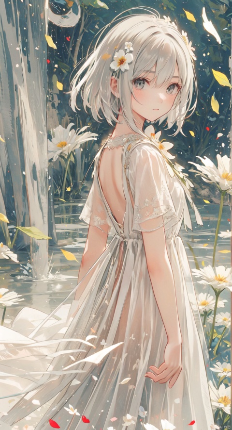  1girl, solo, looking at viewer, short hair, bangs, dress, closed mouth, standing, upper body, flower, white hair, short sleeves, looking back, from behind, white dress, grey eyes, leaf, white flower