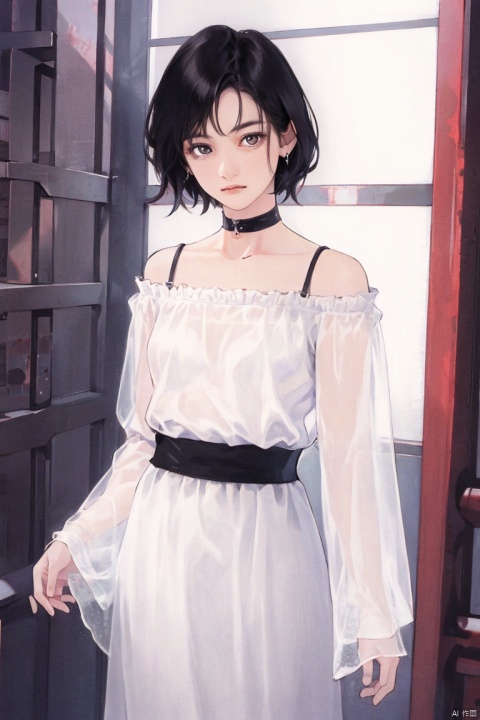 1girl, solo, breasts, looking at viewer, short hair, bangs, black hair, long sleeves, dress, bare shoulders, jewelry, closed mouth, standing, collarbone, cowboy shot, small breasts, frills, choker, off shoulder, white dress, see-through, grey eyes, black choker, off-shoulder dress, see-through sleeves