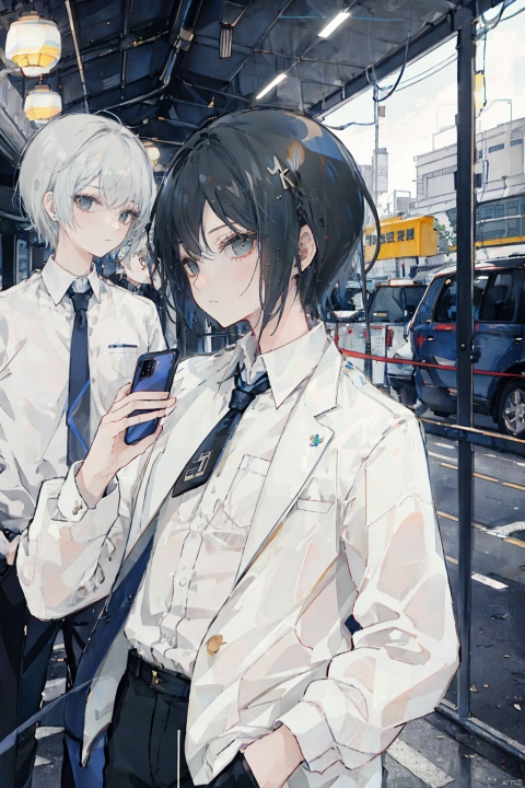 short hair, shirt, black hair, long sleeves, 1boy, holding, closed mouth, jacket, white shirt, upper body, male focus, necktie, solo focus, collared shirt, blurry, blurry background, watermark, phone, formal, cellphone, suit, ground vehicle, black necktie, smartphone, holding phone, blue necktie, grey jacket