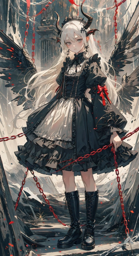 1girl, solo, long hair, looking at viewer, dress, white hair, boots, wings, horns, black footwear, grey eyes, colored skin, chain, lolita fashion, gothic lolita, red skin