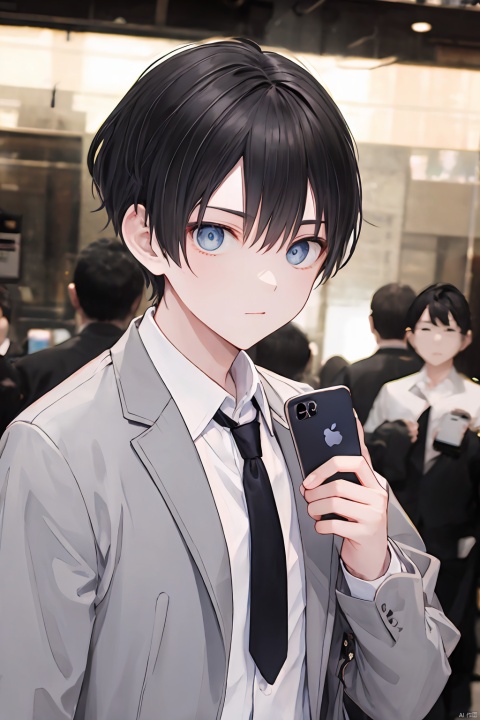  short hair, shirt, black hair, long sleeves, 1boy, holding, closed mouth, jacket, white shirt, upper body, male focus, necktie, solo focus, collared shirt, blurry, blurry background, watermark, phone, formal, cellphone, suit, ground vehicle, black necktie, smartphone, holding phone, blue necktie, grey jacket, sa-style, HTTP