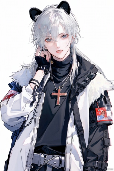  1boy, solo, long hair, ju 87, animal ears, jewelry, white hair, m16a1, belt, necklace, chain, h&k mp5, cross,k701, cross