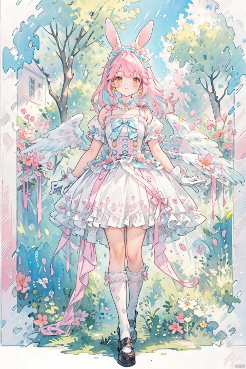  1boy, solo, looking at viewer, Pink blue hair, yellow eyes, red eyes, white dress, dress, animal ears, full body, multicolored hair, wings,, white gloves,, rabbit ears, tree, lolita fashion, android, joints, doll joints, photo background, zkz, qb, sweet_lolita, watercolor