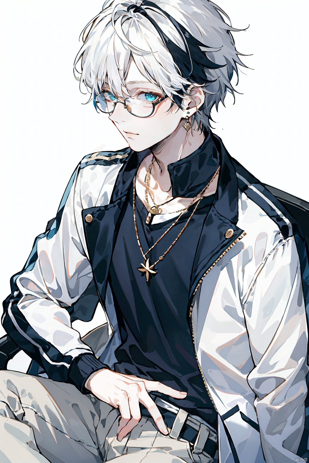 solo, 1boy, jewelry, jacket, white hair, male focus, multicolored hair, glasses, necklace, realistic