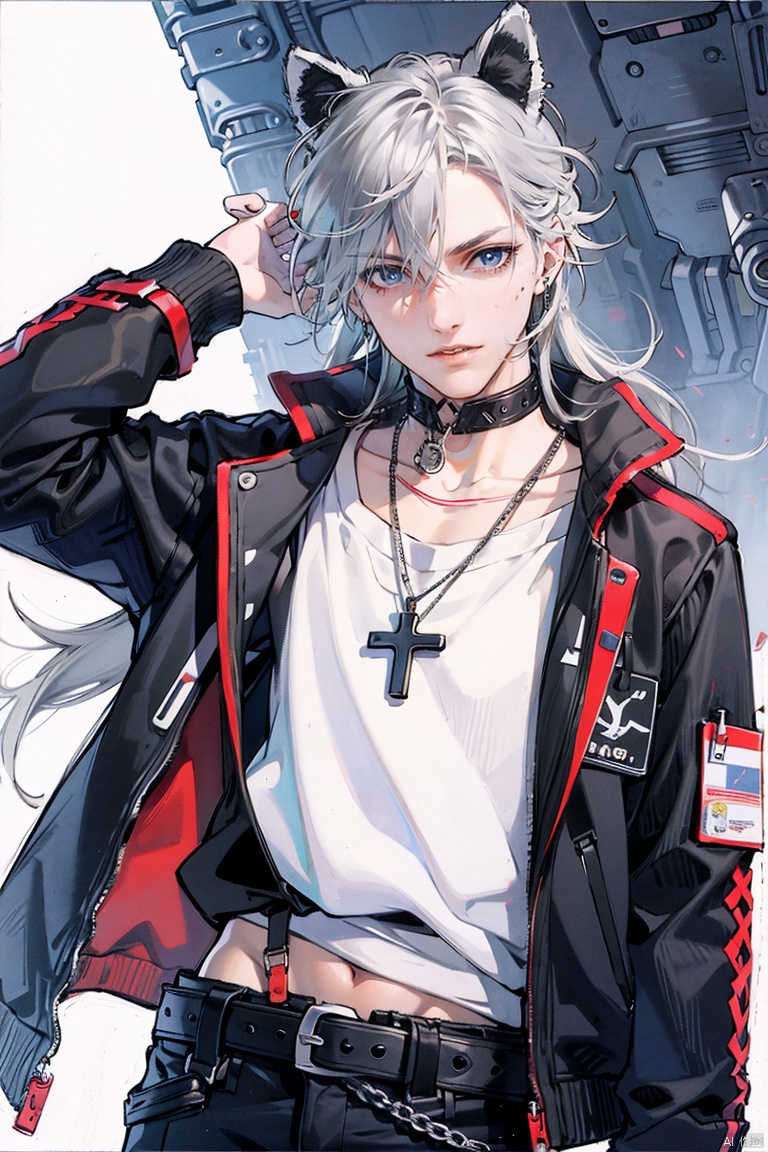  1boy, solo, long hair, ju 87, animal ears, jewelry, white hair, m16a1, belt, necklace, chain, h&k mp5, cross,k701, ar-15.,n.abdominal muscle, 1male, GameWeapon