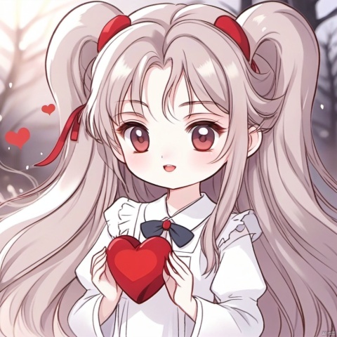 1girl, solo, long hair, looking at viewer, open mouth, hair ornament, red eyes, long sleeves, dress, bow, animal ears, twintails, heart, pale skin, heart hands