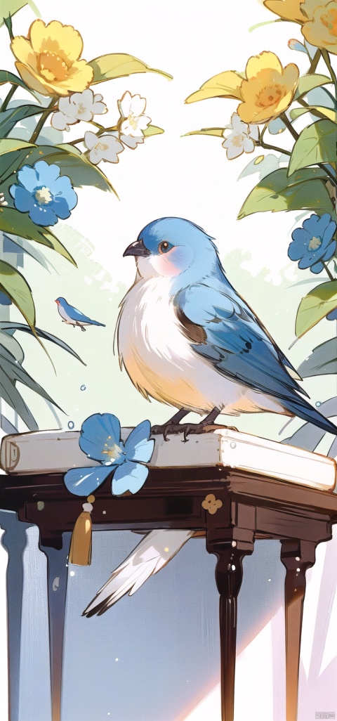 Bird (animal), bird, mini cute, blush bird, blue flower, very beautiful, symmetrical composition, masterpiece, new Chinese complex background, light and shadow, high quality
