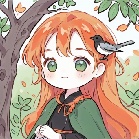 1girl, solo, smile, bangs, hair ornament, long sleeves, dress, hair between eyes, sitting, closed mouth, green eyes, braid, outdoors, hand up, orange hair, black dress, tree, capelet, feet out of frame, bird, animal, leaf, bird on hand, sparrow