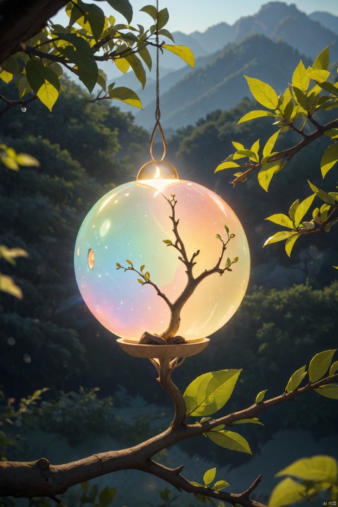 a delicate apple made of opal hung on branch  in the early morning light, adorned with glistening dewdrops. in the background beautiful valleys, divine iridescent glowing, opalescent textures, volumetric light, ethereal, sparkling, light inside body, bioluminescence, studio photo, highly detailed, sharp focus