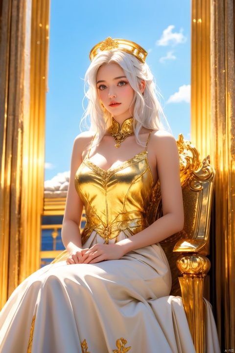 masterpiece, 1 girl, Look at me, Mnemosyne, White hair, Greek dress, Palace, Sitting on the throne, resplendent, Lots of roses, gilded, MYTHOS, Gold powder, Golden glow, textured skin, super detail, best quality, 16k, Blue sky outside the window, Ancient Greece