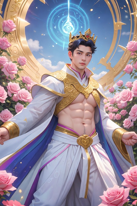  masterpiece,1 Man,(Asian male:0.6),Stubble,Professional photo of a 26-year-old man,Wear a crown,Pope.,Extravagant magical white robes,White ribbon,(iridescent gold:1.2),(magic swirls:1.2),Body hair,Abdominal hair,fractal pattern,Kaleidoscope,Huge flowers,(Combat posture:1.3),Gorgeous textures,Light blue sky,A lot of particle special effects.,Garden,Pink fluorescent roses,textured skin,super detail,best quality, asuo