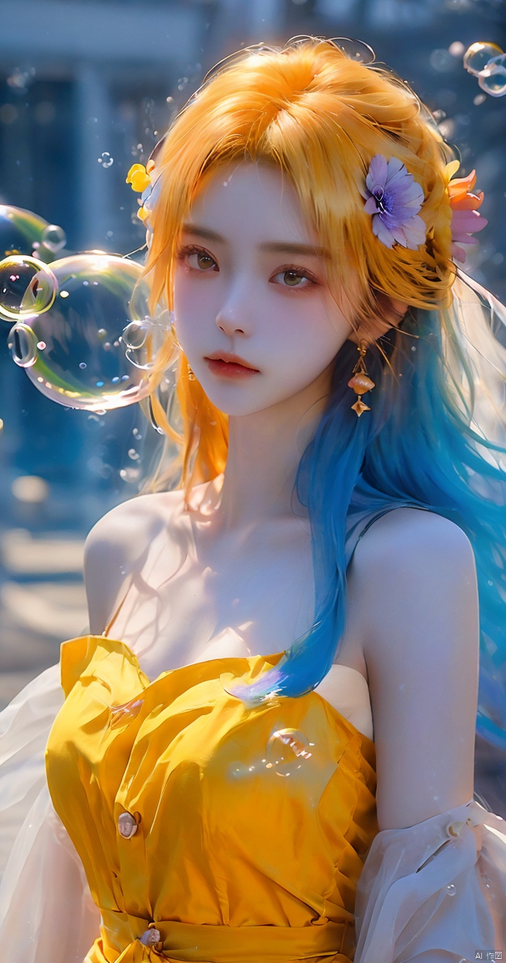  (bubble:1.5),1girl,Bangs, off shoulder, colorful_hair, ((colorful hair)),golden dress, yellow eyes, chest, necklace, pink dress, earrings, floating hair, jewelry, sleeveless, very long hair,Looking at the observer, parted lips, pierced,energy,electricity,magic,tifa,sssr,blonde hair,jujingyi, wangyushan, dofas, forehead mark, (\meng ze\), flowers