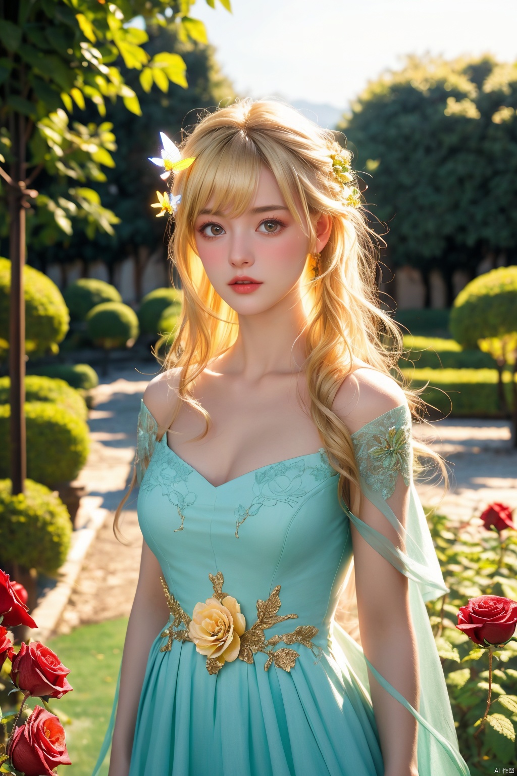 masterpiece, 1 girl, Look at me, Aphrodite, Blond hair, Greek dress, The Garden of Eden, Fairy tales, Outdoor, Rose garden, MYTHOS, Fluorescent butterfly, textured skin, super detail, best quality, 16k